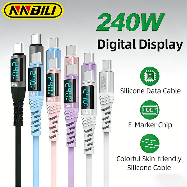 NNBILI USB-C zu USB-C Flüssigsilikon-Schnellladekabel mit Digitalanzeige, 240W PD 3.1, Pink/Multicolor - Bild 1