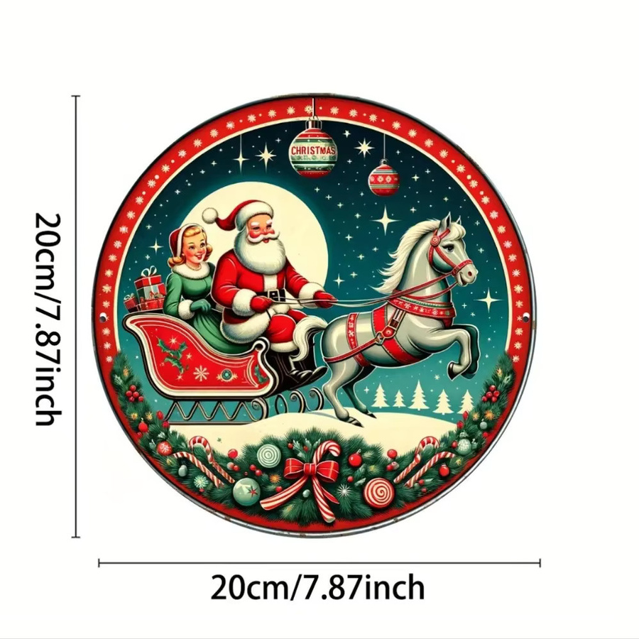HELLOYOUNG Vintage Weihnachts-Wandkunst aus Aluminium mit Weihnachtsmann im Schlitten, rund, Silber/Mehrfarbig, Durchmesser: 20 cm - Bild 2