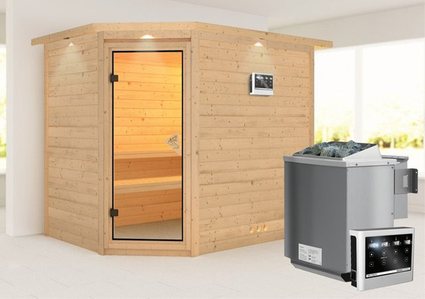 Karibu Sauna Tilda mit Bio-Ofen und externem Steuergerät in Natur mit LED-Dachkranz und der Farbe Beige