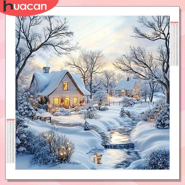 HUACAN Diamant-Gemälde Winterhaus Landschaft als Diamant-Mosaik mit vollen runden Bohrern zur Heimdekoration - Bild 1