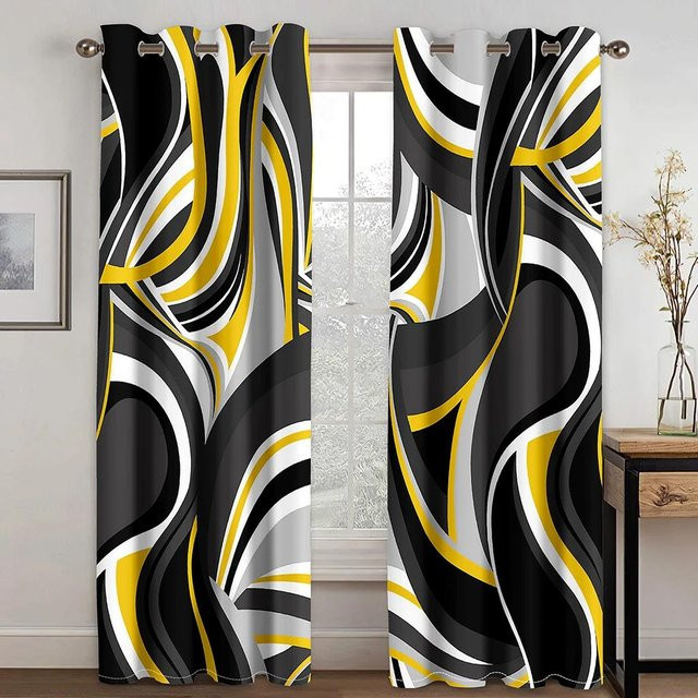 Yiran Furniture Vorhangset mit geometrischem Spiralmuster in Gelb und Grau, 2 Stück, semi-transparent, Polyester, B: 100 cm, H: 130 cm - Bild 1