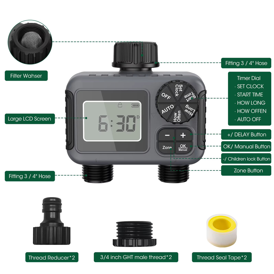 Insoma 2-Zonen Sprinkler Timer Schwarz, Programmierbarer Bewässerungscomputer für Garten und Rasen, IPX5 Wasserdicht - Bild 2