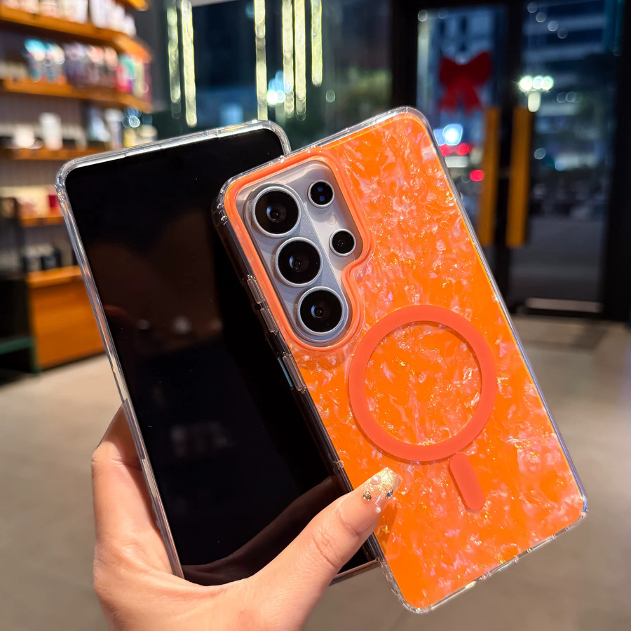 Glitzernde Handyhülle mit Muschelmuster für Samsung Galaxy S26, S25 Ultra und S24 FE in Orange mit Magnetfunktion und kabellosem Laden - Bild 2