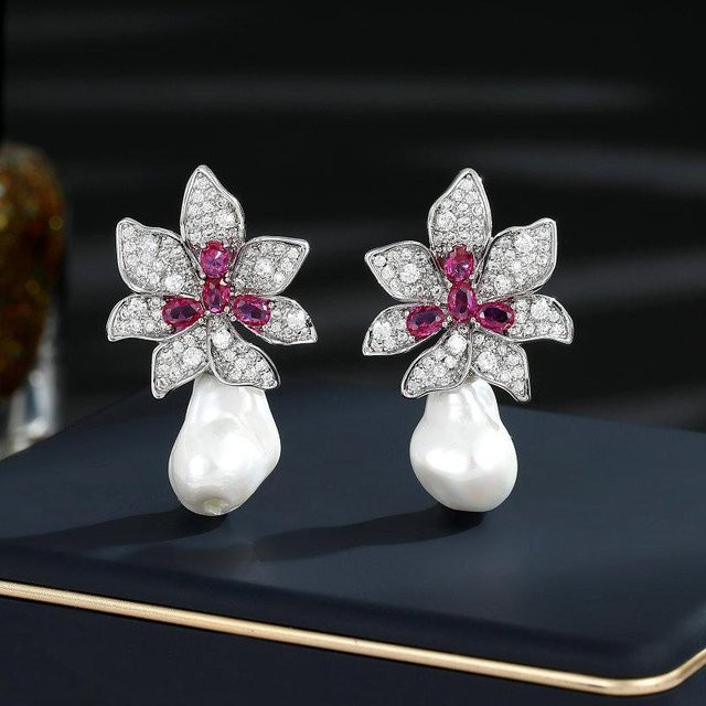 YIRAN Blumenohrringe, Silber, Zirkonia, Perle, Damen - Bild 1