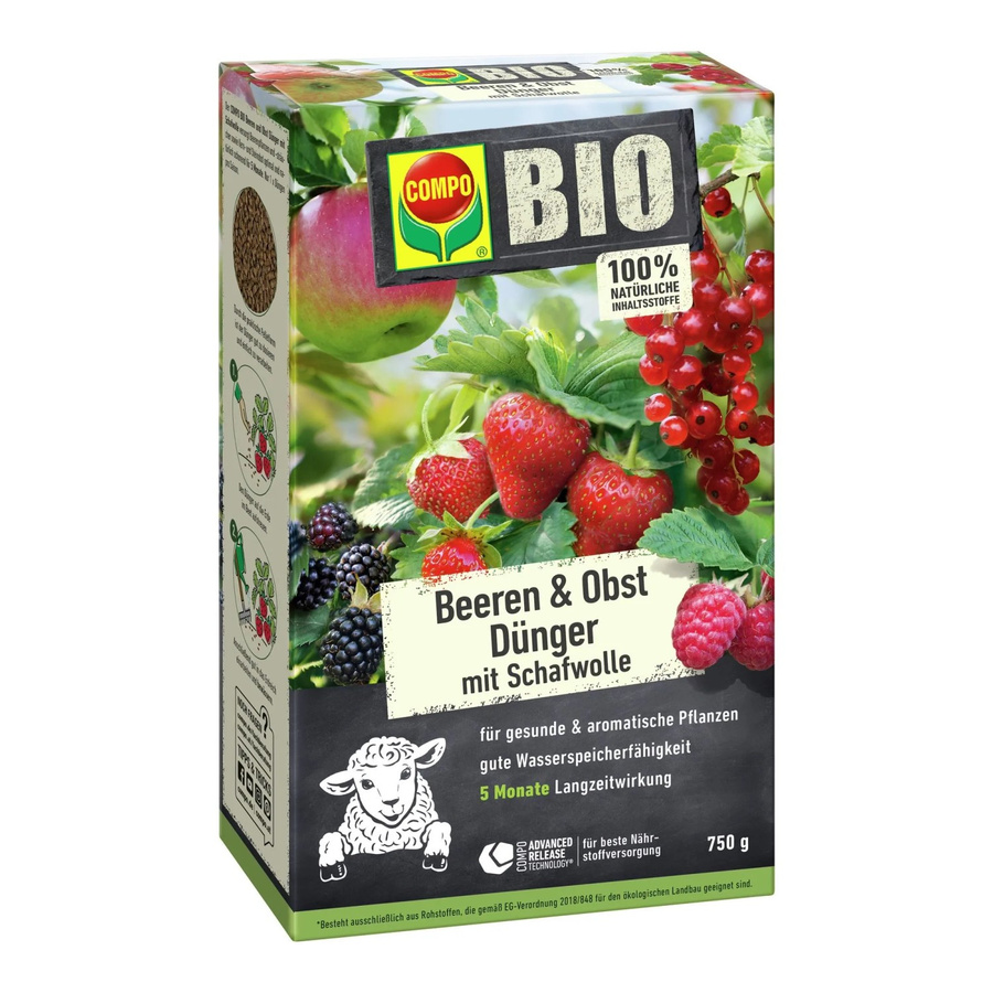 Compo Bio Beeren Langzeit-Dünger mit Schafwolle für Beerenpflanzen, Beerensträucher, Kernobst und Steinobst, 750 g - Bild 2
