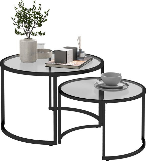 HOMCOM Couchtisch 2er-Set mit Hartglas-Tischplatte und schwarzem Stahlgestell, teilweise stapelbar - Bild 1