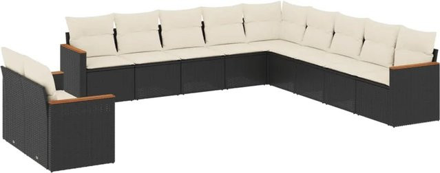 vidaXL 11-tlg. Garten-Sofagarnitur in U-Form aus Poly-Rattan mit Kissen und Stauraum, Schwarz-Creme - Bild 1