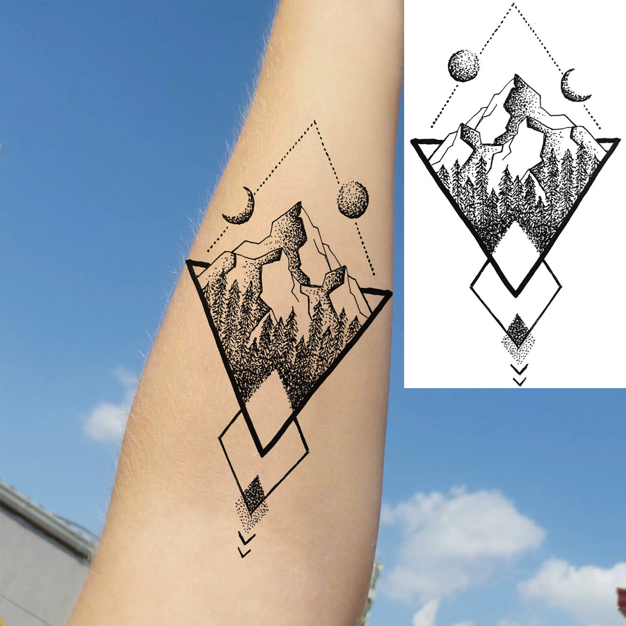 YURAN Temporäre Tattoos, Geometrie Berg, Schwarz, 18 Blatt, Unisex - Bild 3