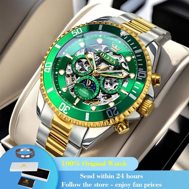 OLEVS Armbanduhr Automatik, Edelstahl, Gold, Mondphase, Herren - Bild 1