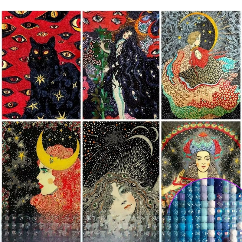 AB Fairy Dust Cat Coven Diamond Painting Set mit Psychedelic Girl Motiv, 5D DIY Stickerei in Vollbohrer, Hippie Wall Art Dekoration, Multicolor - Bild 4