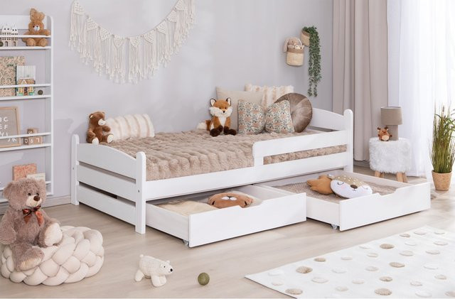 TiCAA Einzelbett Mello Kinderbett und Jugendbett aus Massivholz in Weiß im skandinavischen Design mit Schubladen - Bild 1