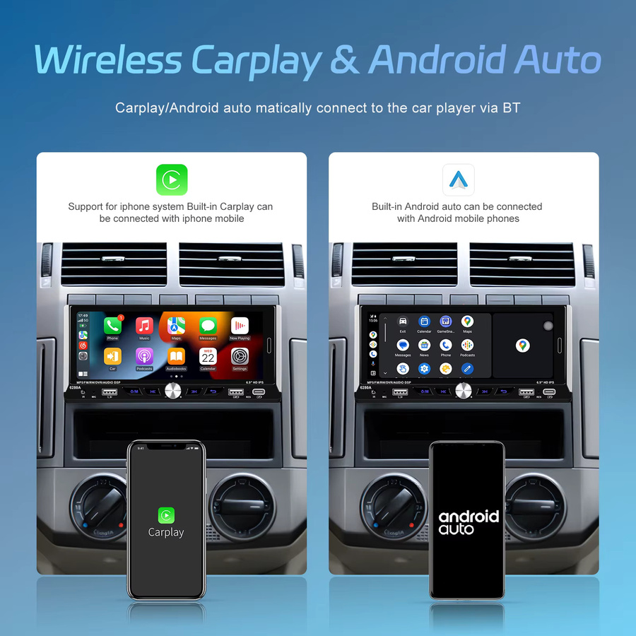 Podofo Android 1 Din Autoradio mit 6,9 Zoll Display, Carplay, Android Auto, GPS Navigation und 64GB Speicher in Schwarz, unterstützt Rückfahrkamera - Bild 2