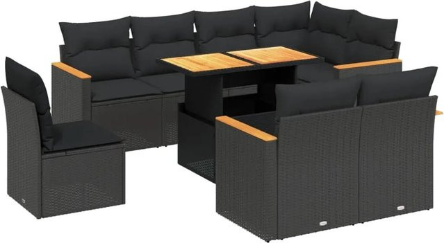 vidaXL 9-teilige Garten-Sofagarnitur in L-Form aus Poly-Rattan und Akazienholz mit Kissen in Schwarz - Bild 1