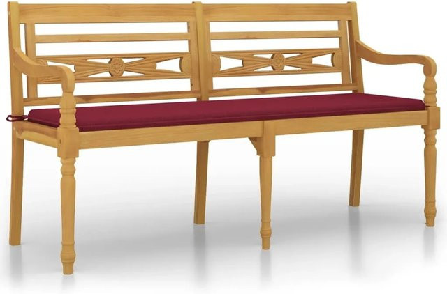vidaXL Batavia Gartenbank aus Massivholz Teak mit weinroten Kissen, Breite: 150 cm - Bild 1