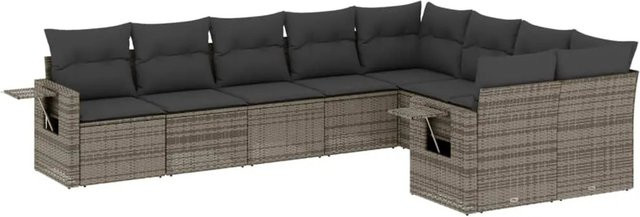vidaXL 9-tlg. Garten-Sofagarnitur in L-Form aus grauem Poly-Rattan mit Sitzkissen und Stauraum - Bild 1