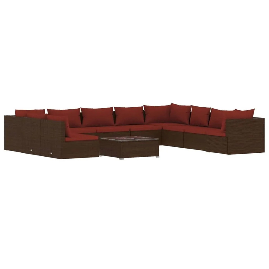 vidaXL 11-teiliges Garten-Lounge-Set in U-Form aus braunem Poly-Rattan mit Kissen und Tisch - Bild 2