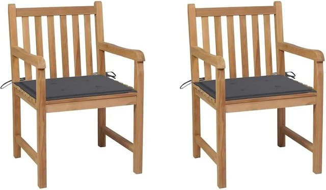 Set aus 2 vidaXL Gartenstühlen aus Teakholz mit anthrazitfarbenen Kissen und Armlehnen - Bild 1