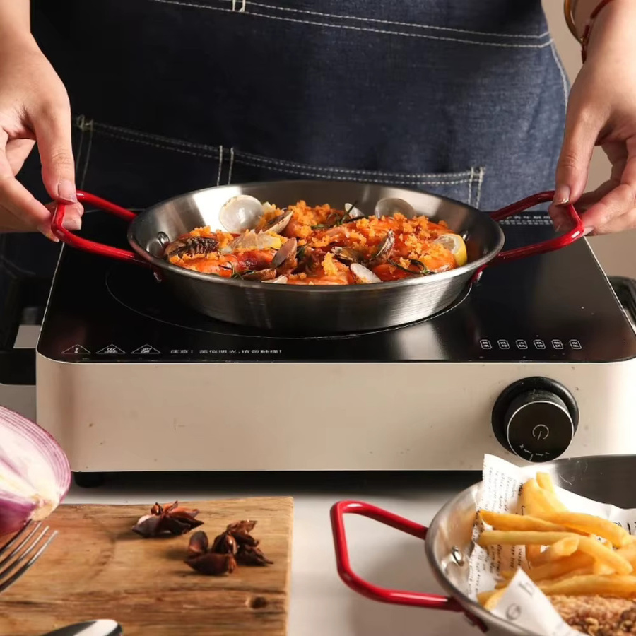 FEB.WIND Meeresfrüchte-Topf aus Edelstahl in Silber und Rot, Paella-Pfanne und Servierplatte für Camping und Küche - Bild 5
