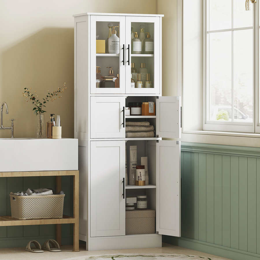 HOMCOM Badezimmerschrank in Weiß mit 6 Türen und 6 Ebenen, moderner Aufbewahrungsschrank mit Glastüren und verstellbaren Einlegeböden, B/T/H: 60 x 30 x 170 cm - Bild 2