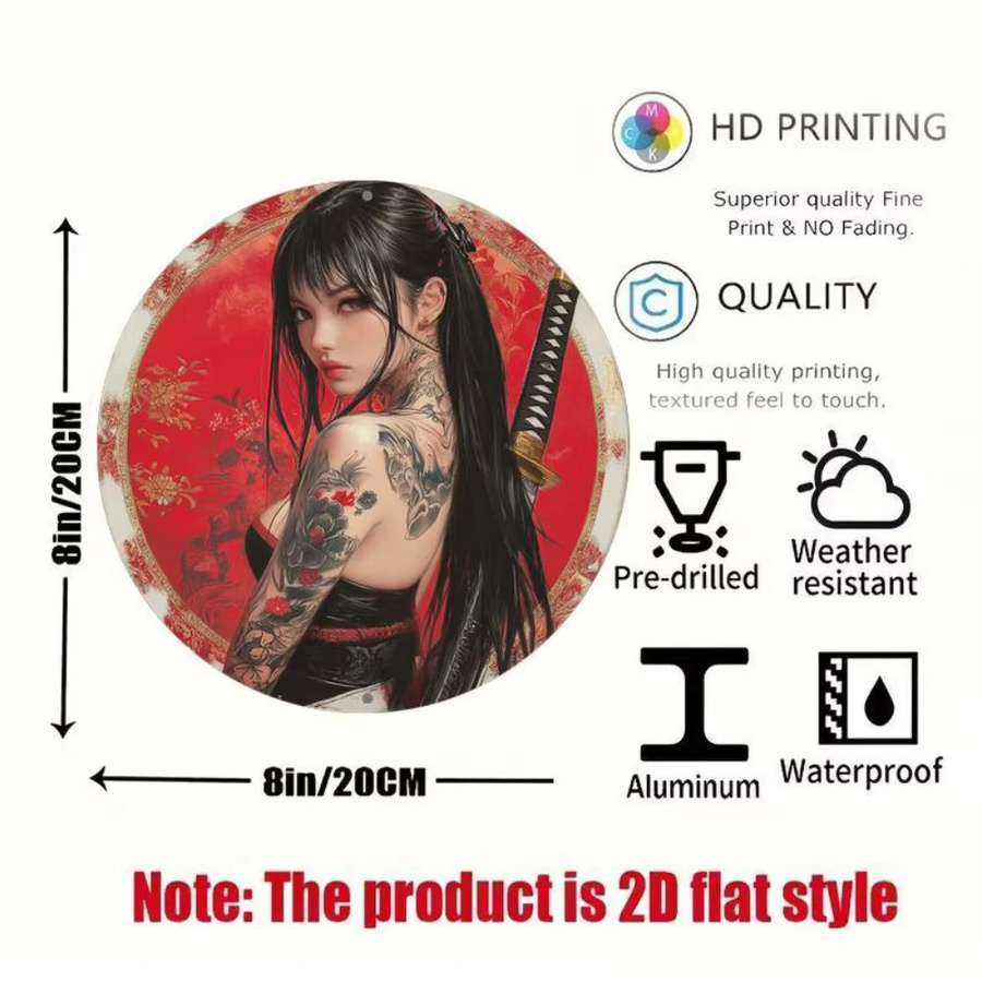 HELLOYOUNG Samurai Wandkunst Rundes Metallschild aus Aluminium in Rot, Durchmesser: 20,32 cm - Bild 2