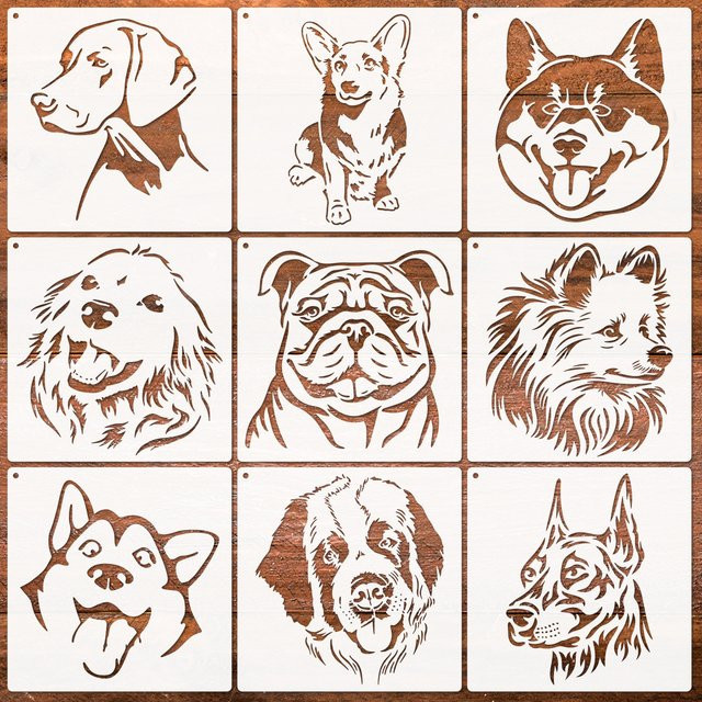 9 Stück Hundekopf-Malschablonen aus Kunststoff in Weiß für DIY-Skizzen und Basteldekorationen - Bild 1