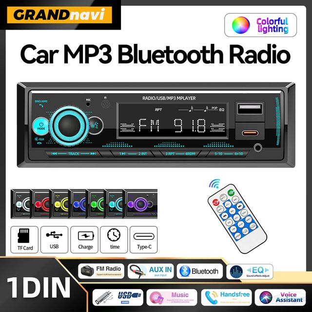 Grandnavi 1 DIN Autoradio mit Bluetooth, MP3-Player und USB Typ C, Multimedia-System mit Sprachassistent und AUX-Eingang, Schwarz - Bild 1
