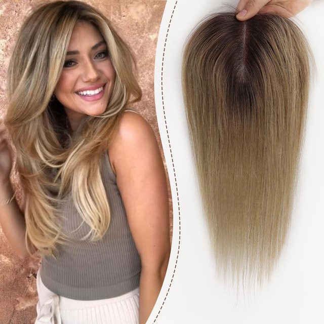 HAIRCUBE Haartopper Ombre Blonde Braun, 12 Zoll, Remy Echthaar, Seide Basis - Bild 1