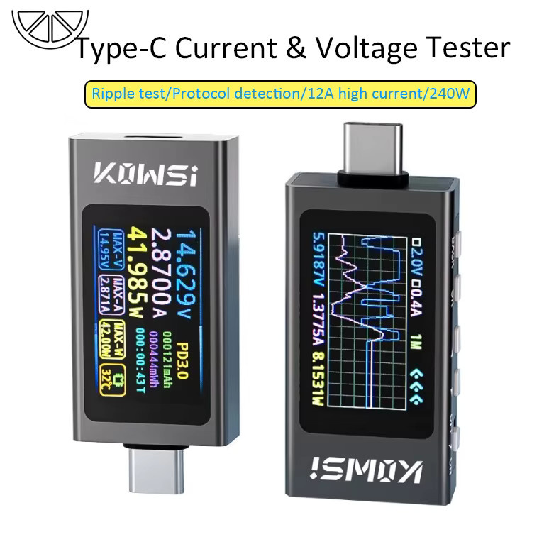 KWS-X1 Digitalanzeige DC-Spannungs- und Strommessgerät mit 0,96 Zoll TFT HD Display, Typ-C Voltmeter und Amperemeter zur Schnellladungserkennung, Schwarz - Bild 3