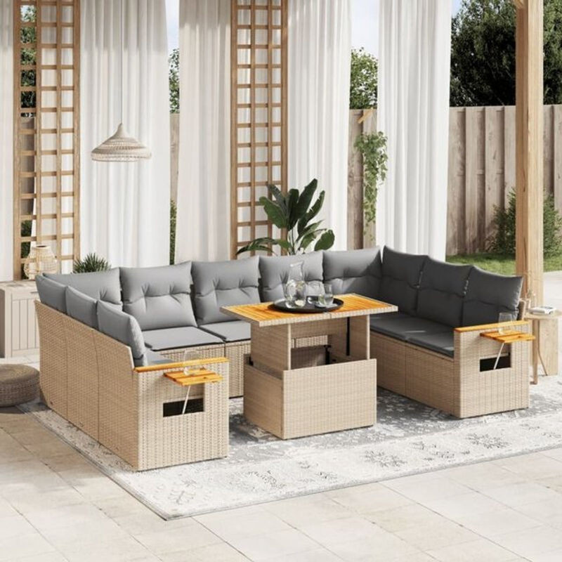 Vidaxl 11-tlg. Garten-Sofagarnitur aus Polyrattan und Akazie mit Kissen in Beige - Bild 1