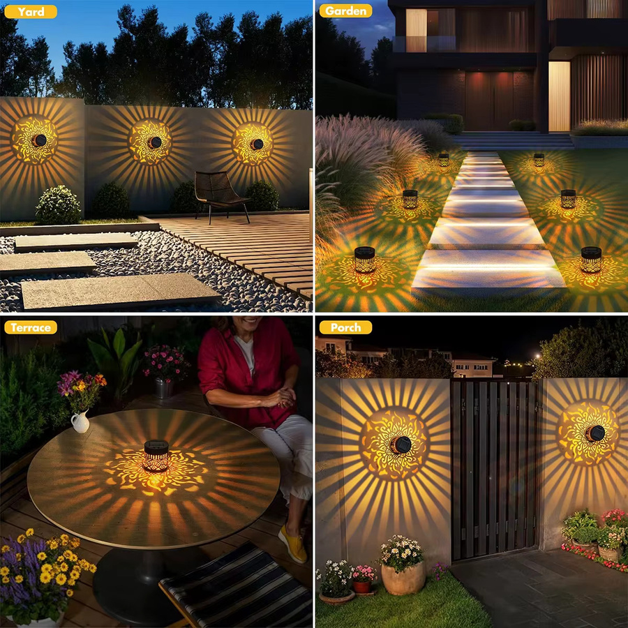 AMARYLLIS 2er Set Solar-Wandleuchten mit Mandala-Muster in Schwarz, Wasserdichte Projektions-Dekorationsbeleuchtung mit Warmweißem Licht für Garten, Balkon und Wand - Bild 6