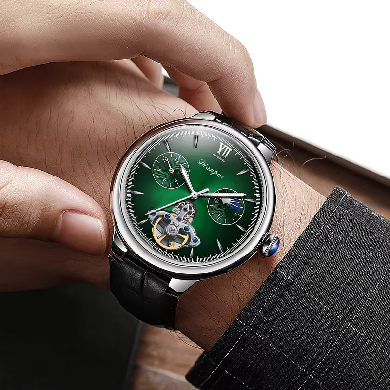 Dianpai Armbanduhr Automatik, Edelstahl, Leder, Grün, Herren - Bild 3