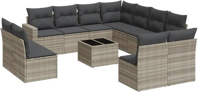 vidaXL 12-tlg. Garten-Sofagarnitur in L-Form mit Kissen und Couchtisch, Hellgrau - Bild 1