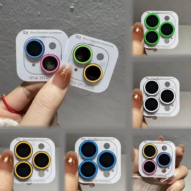 Set aus 2-3 leuchtenden Kameraobjektivschutz-Folien und Metallringen aus gehärtetem Glas für Apple iPhone 17 16 15 Pro Max 14 Plus in Gelb und Multicolour - Bild 1