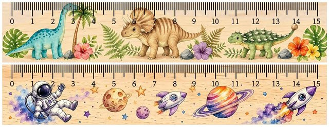 Holzlineal mit Dinosaurier-Astronauten-Raketen-Muster in Mehrfarbig für den Mathematikunterricht - Bild 1
