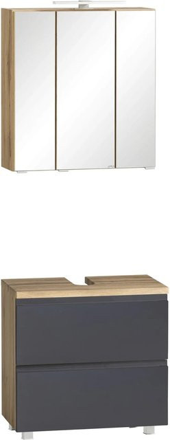 Held Möbel Ancona 2-tlg. Badezimmer-Set mit Unterbecken-Schrank und Spiegelschrank, matt Grau-Wotaneiche, Breite: 60 cm - Bild 1