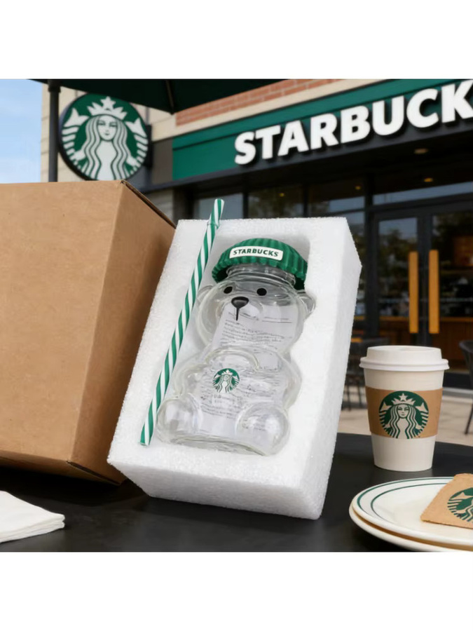 Starbucks Bearista Bär Klarglas-Becher mit grünem Deckel und Strohhalm für Kaltgetränke, 591 ml - Bild 1