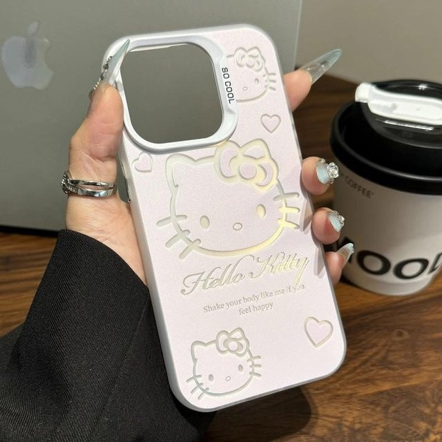 MINISO Hello Kitty Handyhülle aus weichem Silikon mit Halterung für iPhone, Rosa/Schwarz - Bild 1