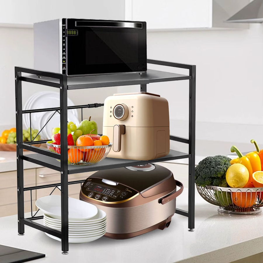 HGTUGO 3-stufiges Küchen-Mikrowellenregal aus Kohlenstoffstahl in Schwarz, höhenverstellbares und erweiterbares Aufbewahrungsregal für die Arbeitsplatte mit abnehmbaren Haken - Bild 2