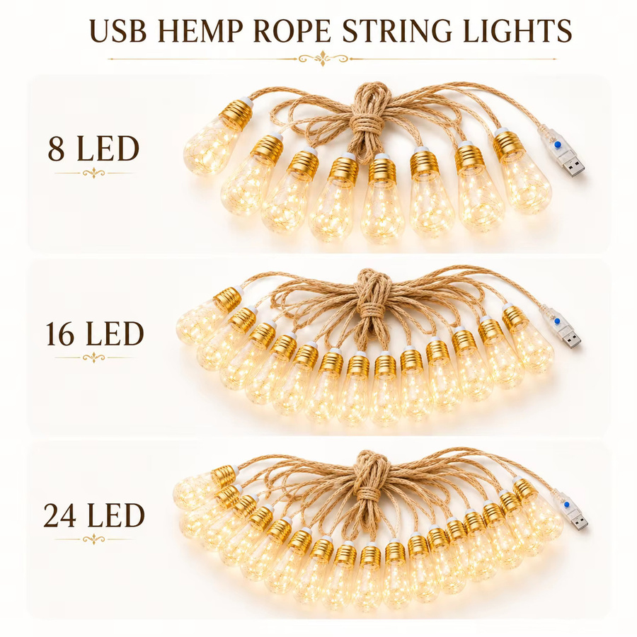 USB Hanfseil-Lichterkette mit warmweißen LED Vintage-Glühbirnen in Weiß für deine Dekoration im Schlafzimmer, auf dem Balkon oder bei Partys - Bild 2