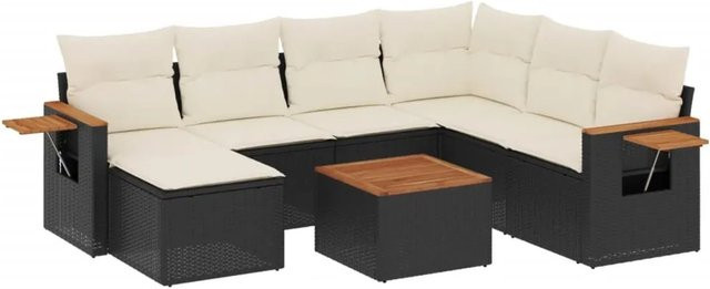 vidaXL 8-teilige Garten-Sofagarnitur in L-Form aus Polyrattan und Akazienholz mit Kissen in Schwarz und Cremeweiß - Bild 1