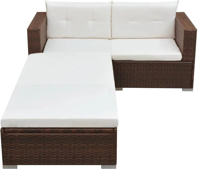 vidaXL 3-tlg Garten-Lounge-Set L-Form aus Poly Rattan in Braun mit weißen Auflagen und Metallrahmen - Bild 1