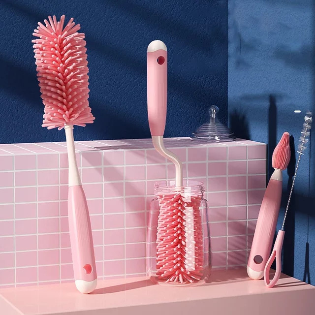 3er Set Silikon Flaschenbürsten und Schnullerbürsten mit drehbarem Griff in Pink zur Reinigung von Babyflaschen - Bild 1