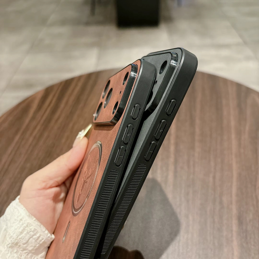 Stoßfeste Lederhülle mit Antilopenkopf-Design für Apple iPhone 17, 16, 15, 14, 13, 12, 11 Pro Max in Braun mit magnetischer Anziehung - Bild 2