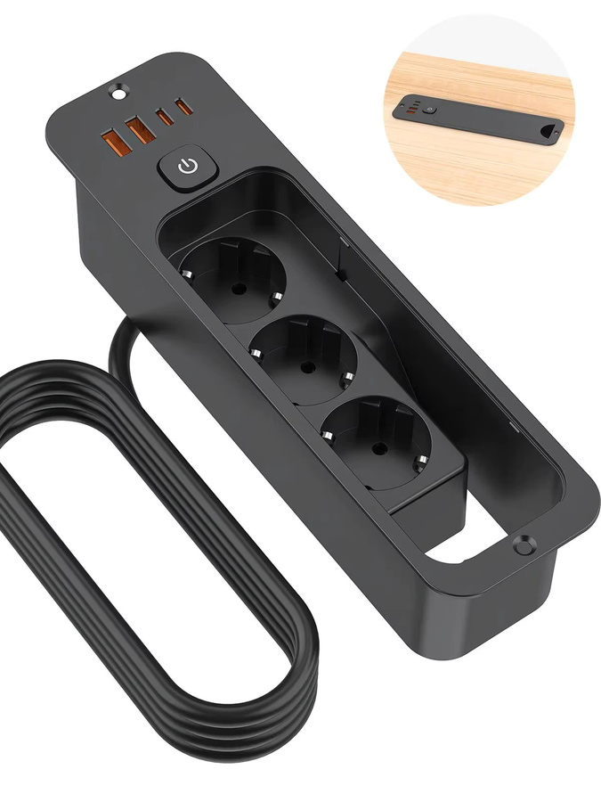 HITRENDS 7-in-1 Einbau-Desktop-Steckdose in Schwarz mit 3 AC-Anschlüssen und USB-C PD20W Schnellladung - Bild 5