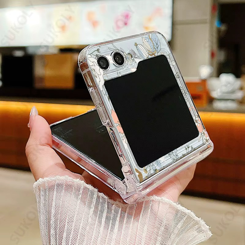 Stoßfeste Hardcover Schutzhülle mit Blumenmuster für Samsung Galaxy Z Flip 5 und Z Flip 4 in Transparent - Bild 3
