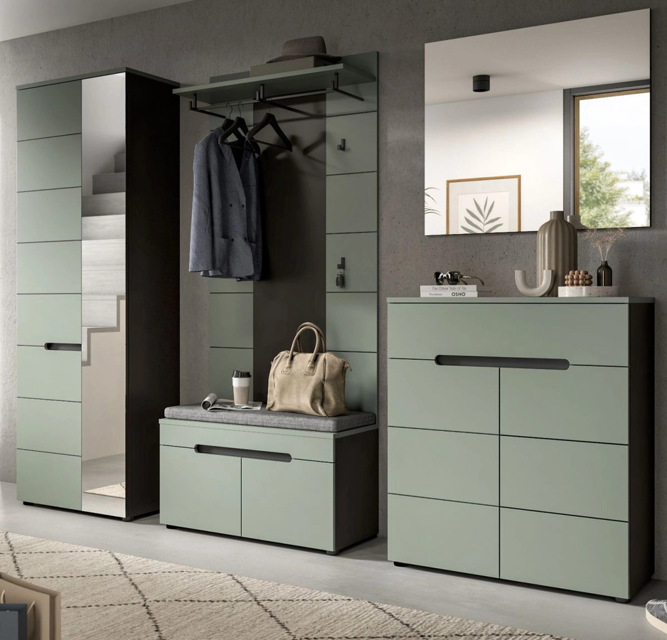 Inn.Furn Garderoben-Set Cooper 5-teilig in Salbei und Grau mit Schuhschrank, Spiegel, Bank und Paneel, Breite: 255 cm - Bild 2