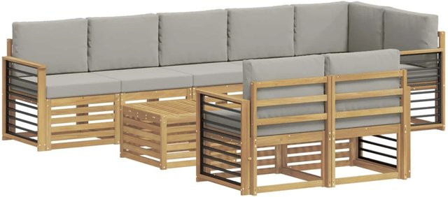 vidaXL Outdoor-Sofagarnitur aus Akazie mit Polsterung in Weiß, Grau und Braun, 9-teiliges L-Shape Set mit Armlehnen, B/T/H: 59 x 59 x 37 cm - Bild 1