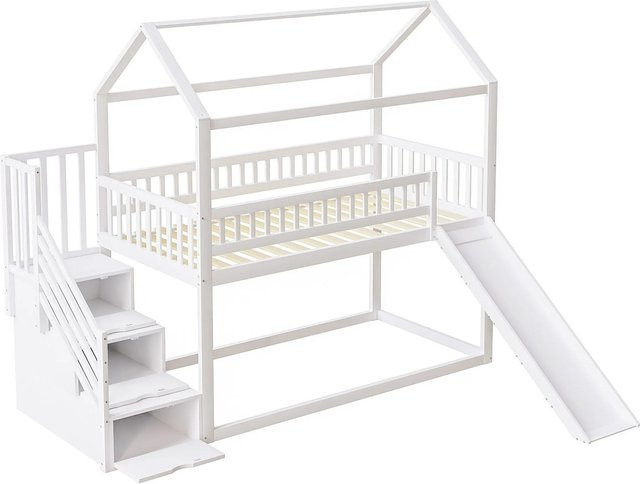 Merax Kinderhochbett mit Hausrahmen, Rutsche und Treppe in Weiß - Bild 1