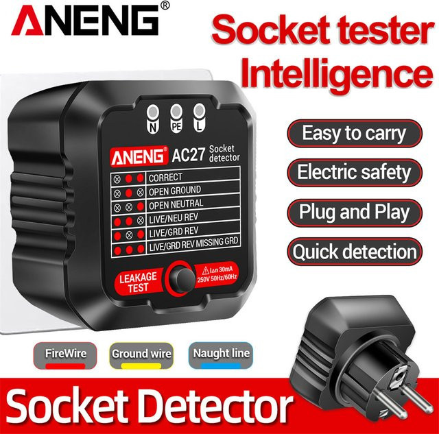 ANENG AC27 Intelligenter Spannungs-Steckdosentester für Erdungs-, Null-, Polaritäts- und Phasenprüfung mit EU/US-Stecker - Bild 1