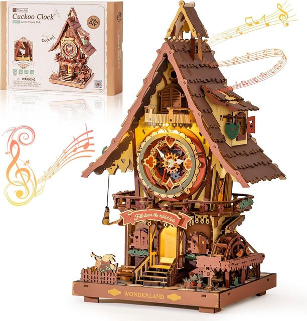 Robotime Rokr 3D Holz Puzzle Kuckucksuhr im Black Forest Stil mit funktionierendem Vogel als DIY Modell Kit für Erwachsene und Kinder in Braun und Mehrfarbig - Bild 1